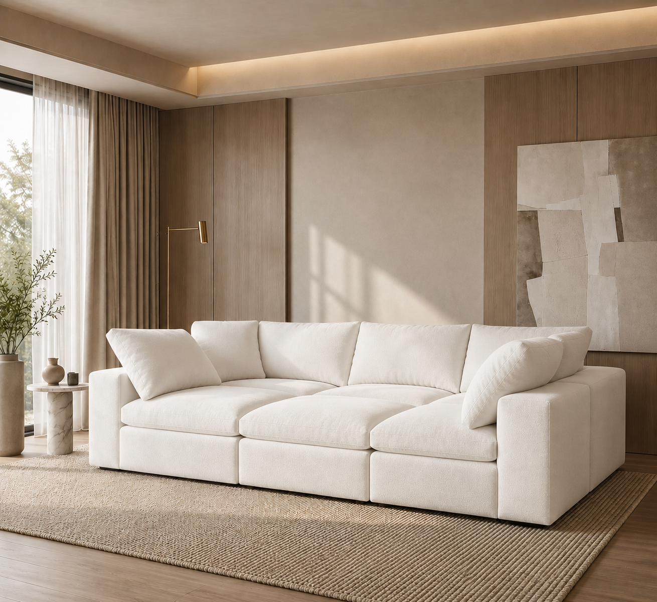 Modern cream sectional sofa in a sunlit living room